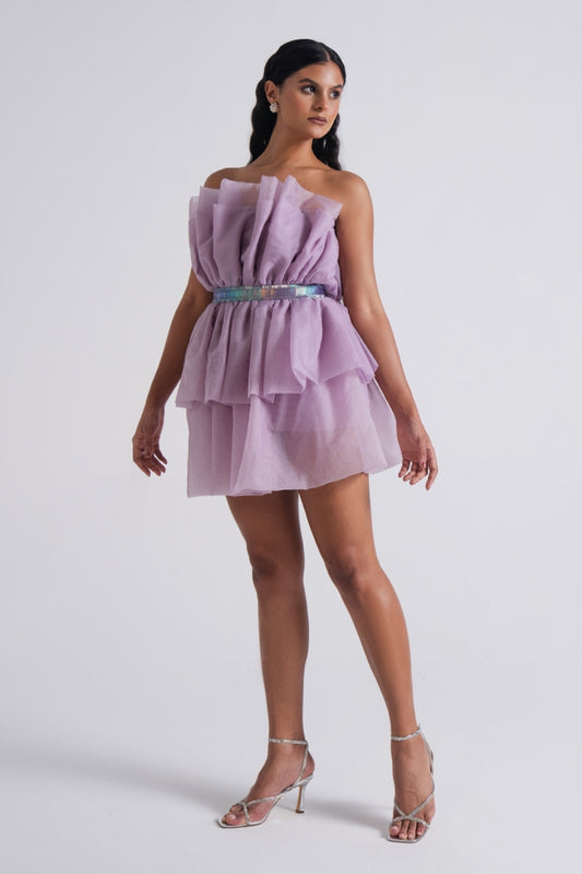 Lilac Tiered Organza Ruffle Short Dress