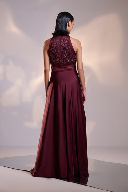 Wine Mist Halter-Neck Flowy Evening Gown