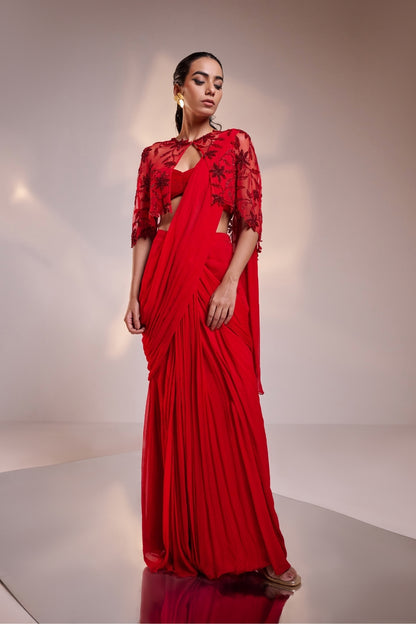 Scarlet Red Cape Saree Set