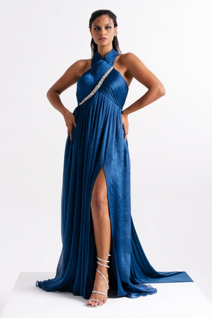 Sapphire Blue Draped Halter Neck Gown with Flowing Trail