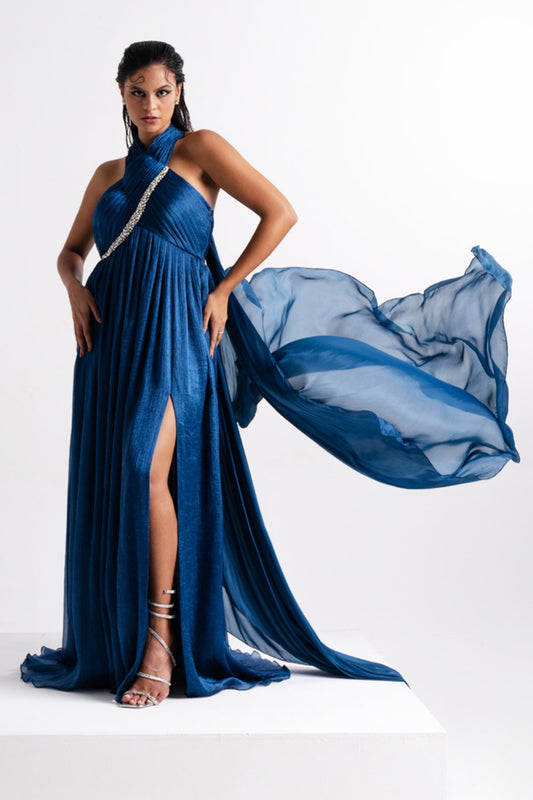 Sapphire Blue Draped Halter Neck Gown with Flowing Trail