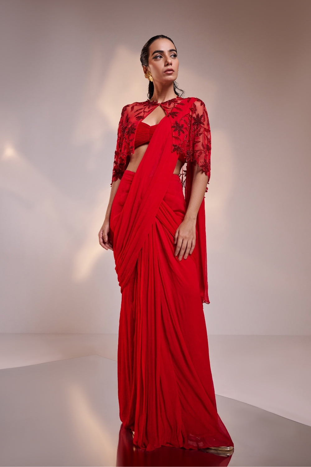 Scarlet Red Cape Saree Set