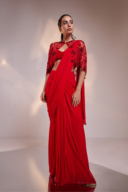 Scarlet Red Cape Saree Set