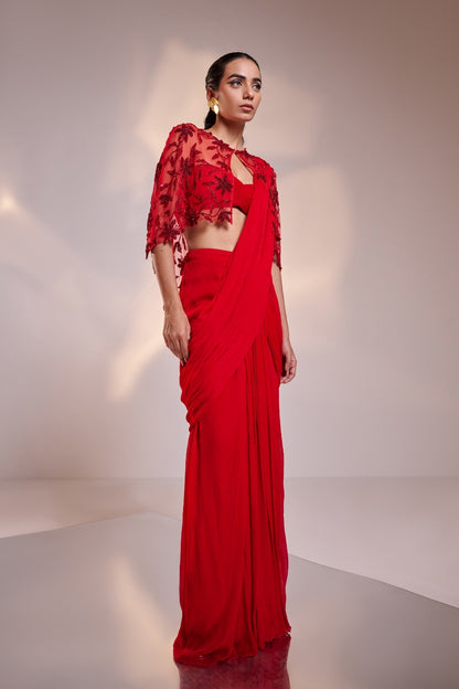 Scarlet Red Cape Saree Set