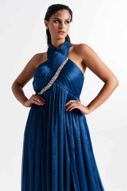 Sapphire Blue Draped Halter Neck Gown with Flowing Trail