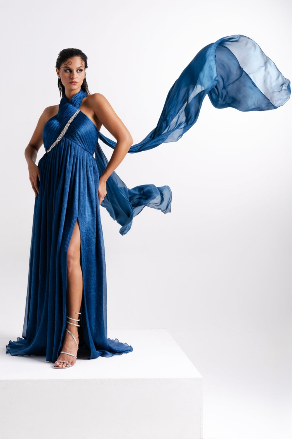Sapphire Blue Draped Halter Neck Gown with Flowing Trail