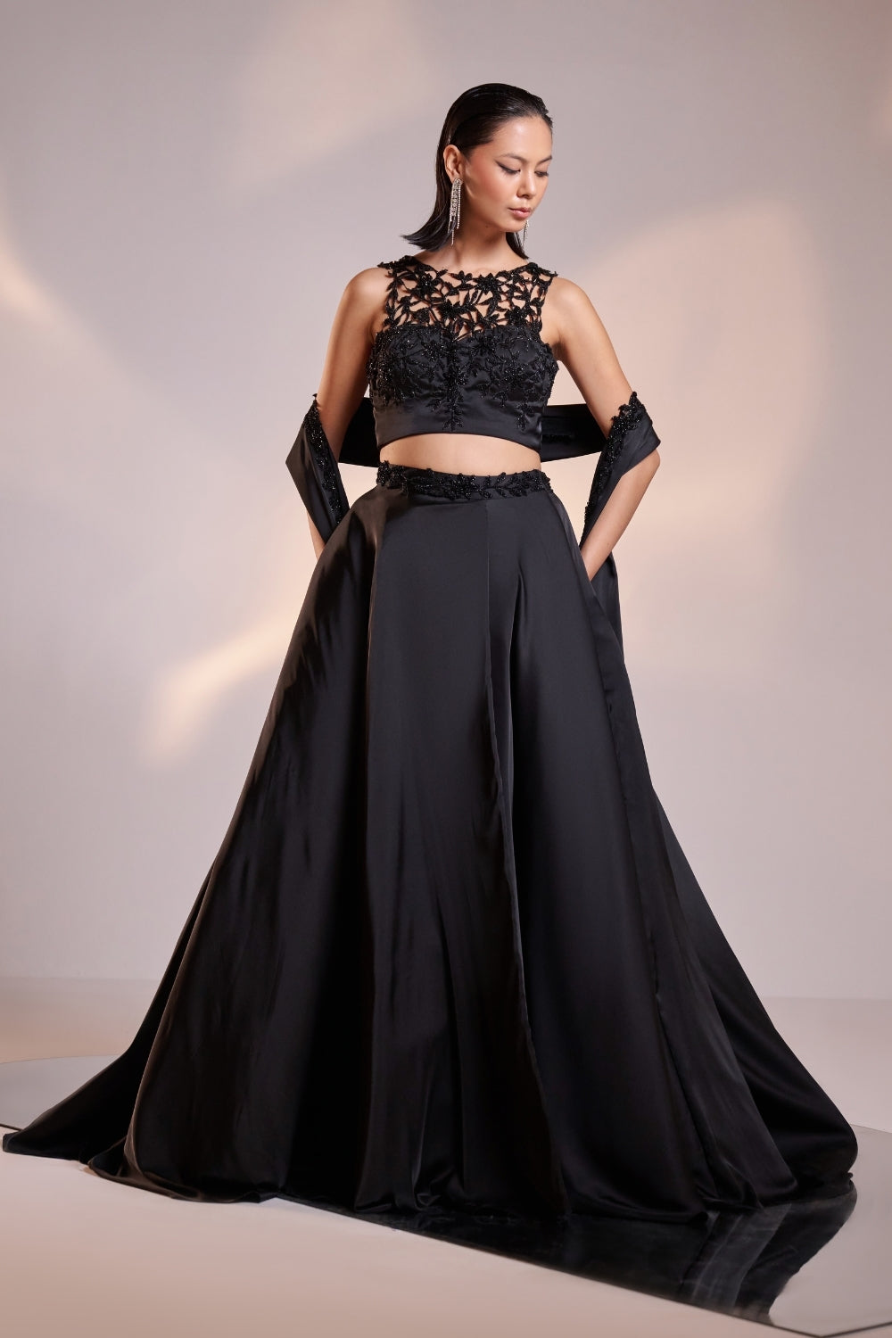 Black Embroidered Lehenga Set with Sheer Dupatta