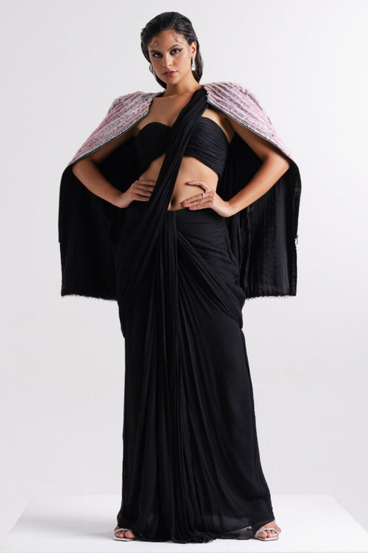 Black Draped Saree with Embellished Pink Jacket
