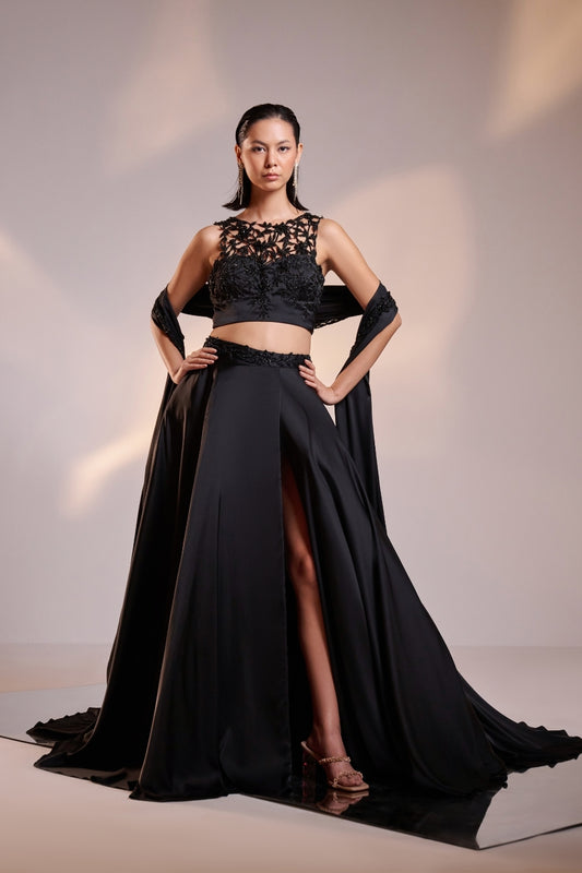 Black Embroidered Lehenga Set with Sheer Dupatta