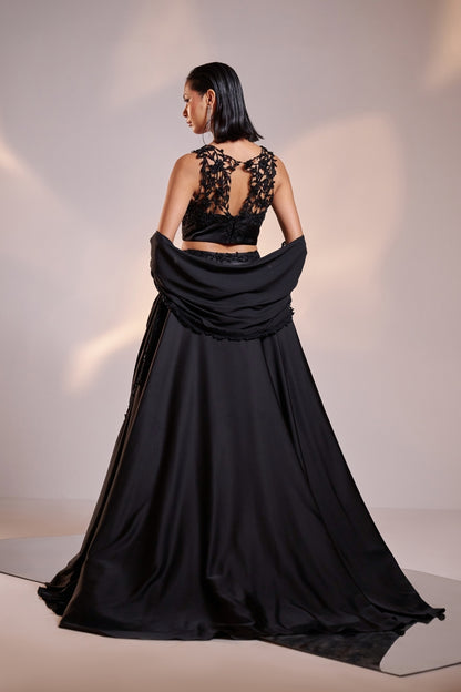 Black Embroidered Lehenga Set with Sheer Dupatta