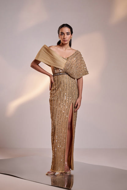 Antique Gold Full Embellished Draped Gown