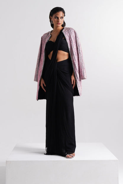 Black Draped Saree with Embellished Pink Jacket
