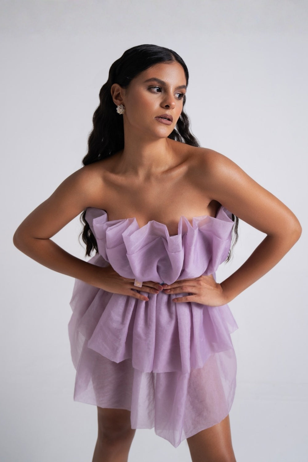 Lilac Tiered Organza Ruffle Short Dress
