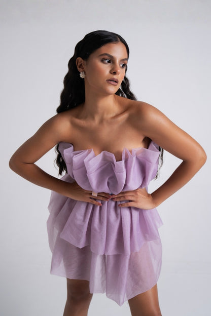 Lilac Tiered Organza Ruffle Short Dress