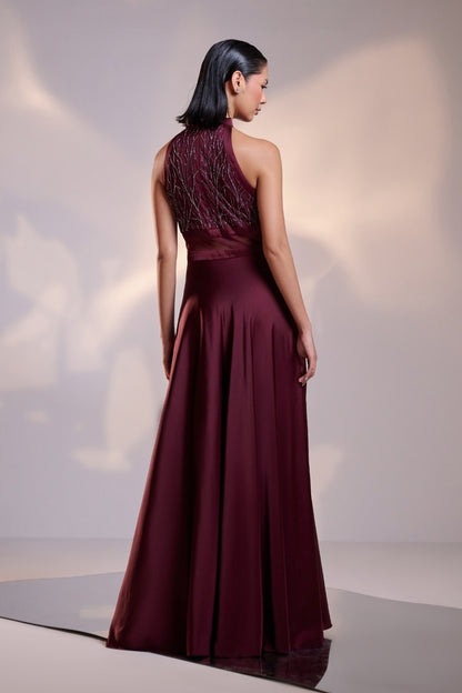 Wine Mist Halter-Neck Flowy Evening Gown