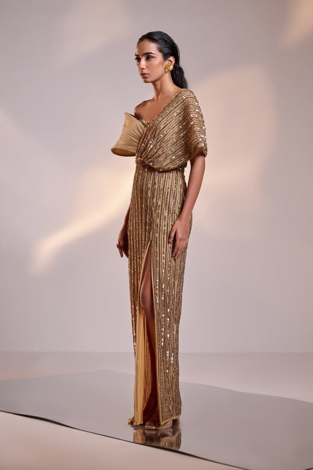 Antique Gold Full Embellished Draped Gown