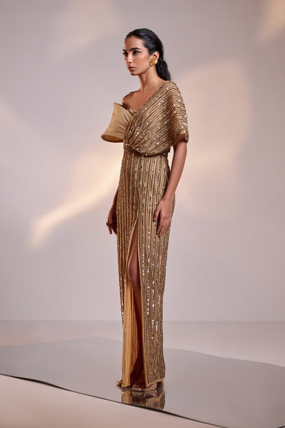 Antique Gold Full Embellished Draped Gown