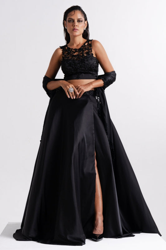 Black Embroidered Lehenga Set with Sheer Dupatta