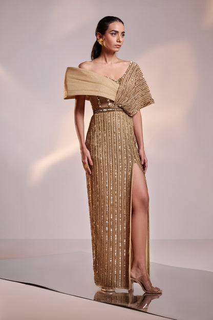 Antique Gold Full Embellished Draped Gown