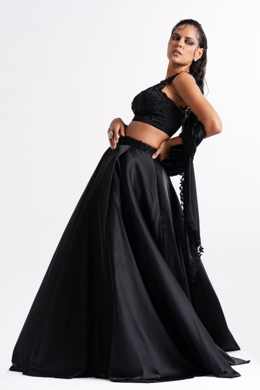 Black Embroidered Lehenga Set with Sheer Dupatta