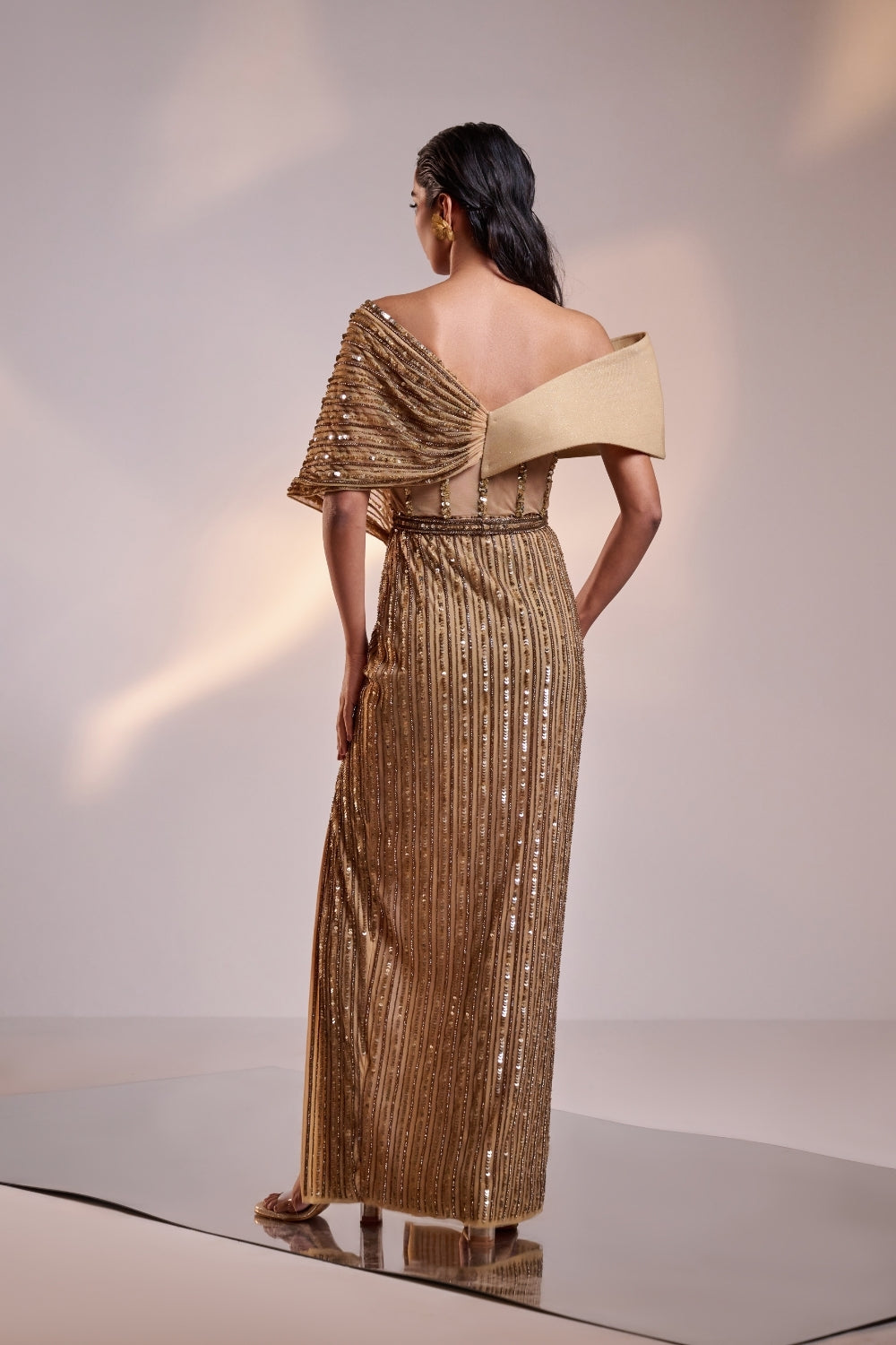 Antique Gold Full Embellished Draped Gown