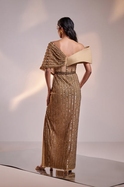 Antique Gold Full Embellished Draped Gown