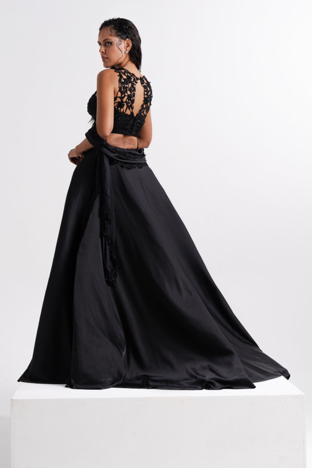 Black Embroidered Lehenga Set with Sheer Dupatta