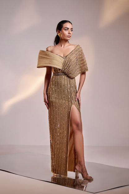 Antique Gold Full Embellished Draped Gown