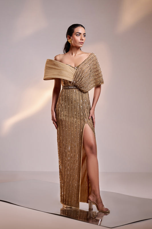 Antique Gold Full Embellished Draped Gown