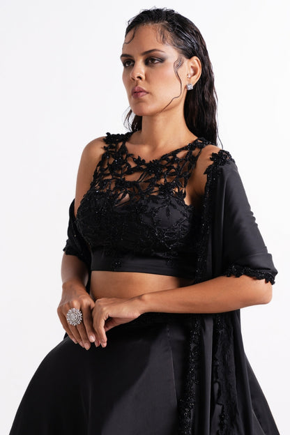 Black Embroidered Lehenga Set with Sheer Dupatta