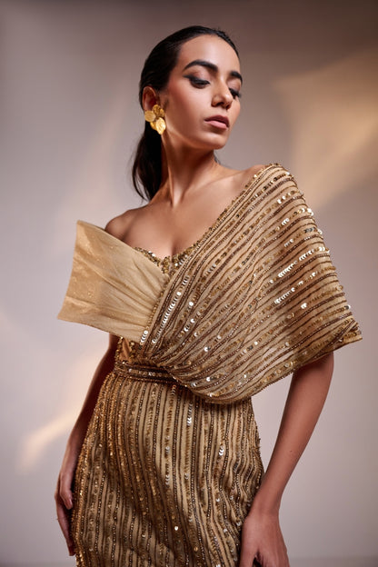Antique Gold Full Embellished Draped Gown