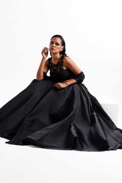 Black Embroidered Lehenga Set with Sheer Dupatta