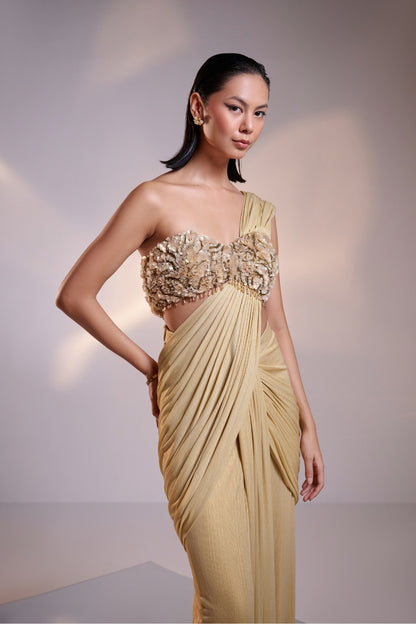 Gold Draped Saree set with Floral Embellished Blouse