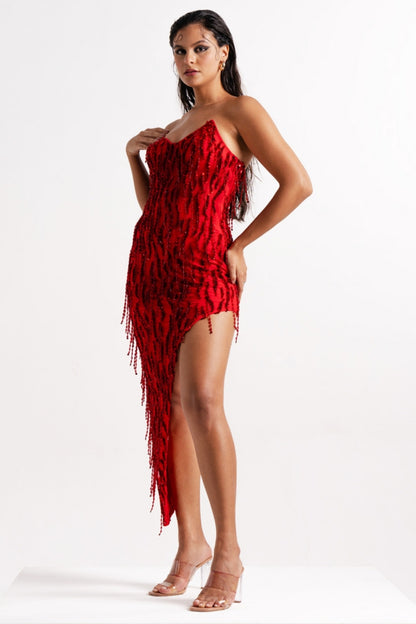 Scarlet Red Asymmetrical Embellished Mini Dress
