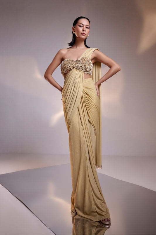 Gold Draped Saree set with Floral Embellished Blouse