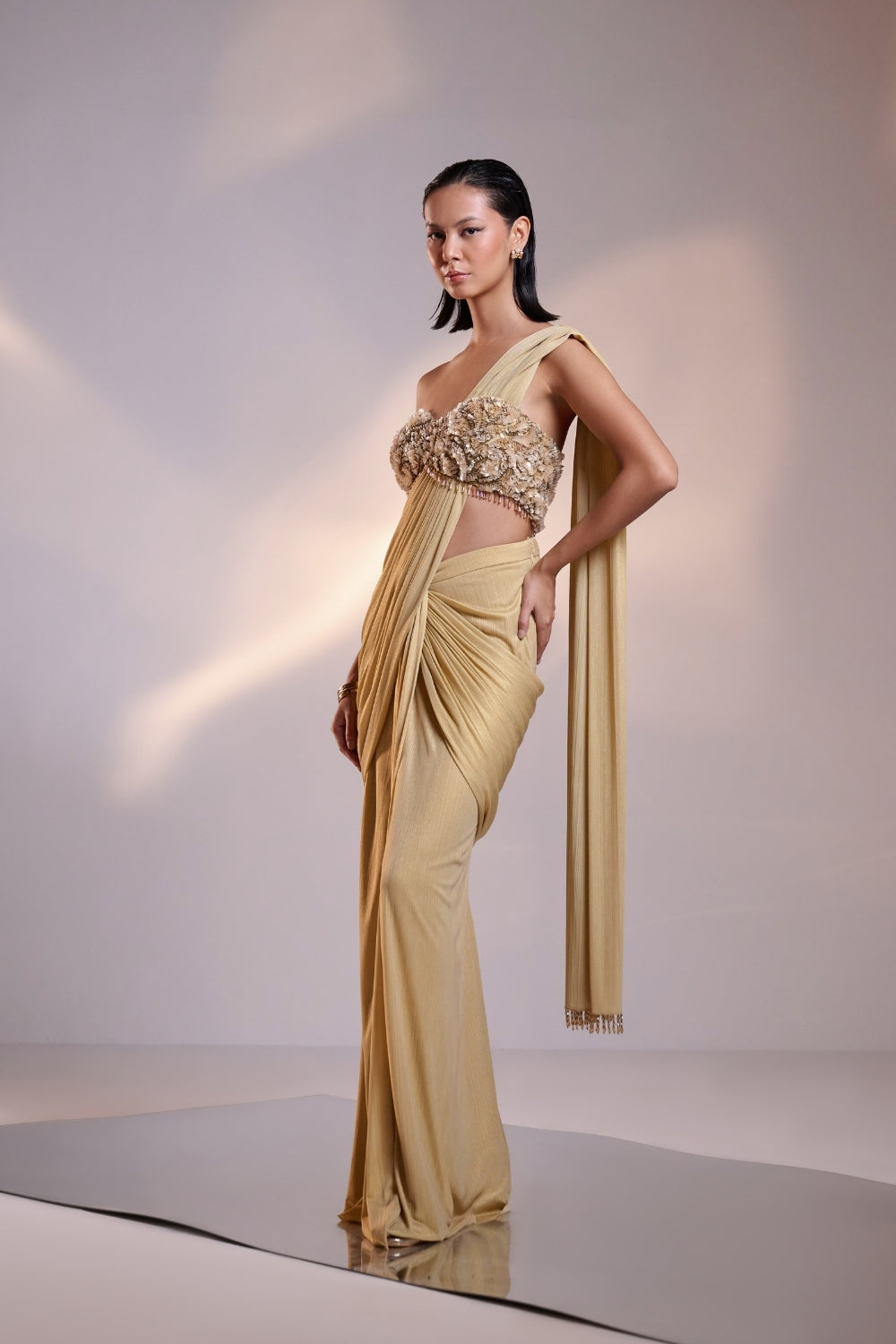 Gold Draped Saree set with Floral Embellished Blouse