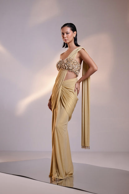 Gold Draped Saree set with Floral Embellished Blouse
