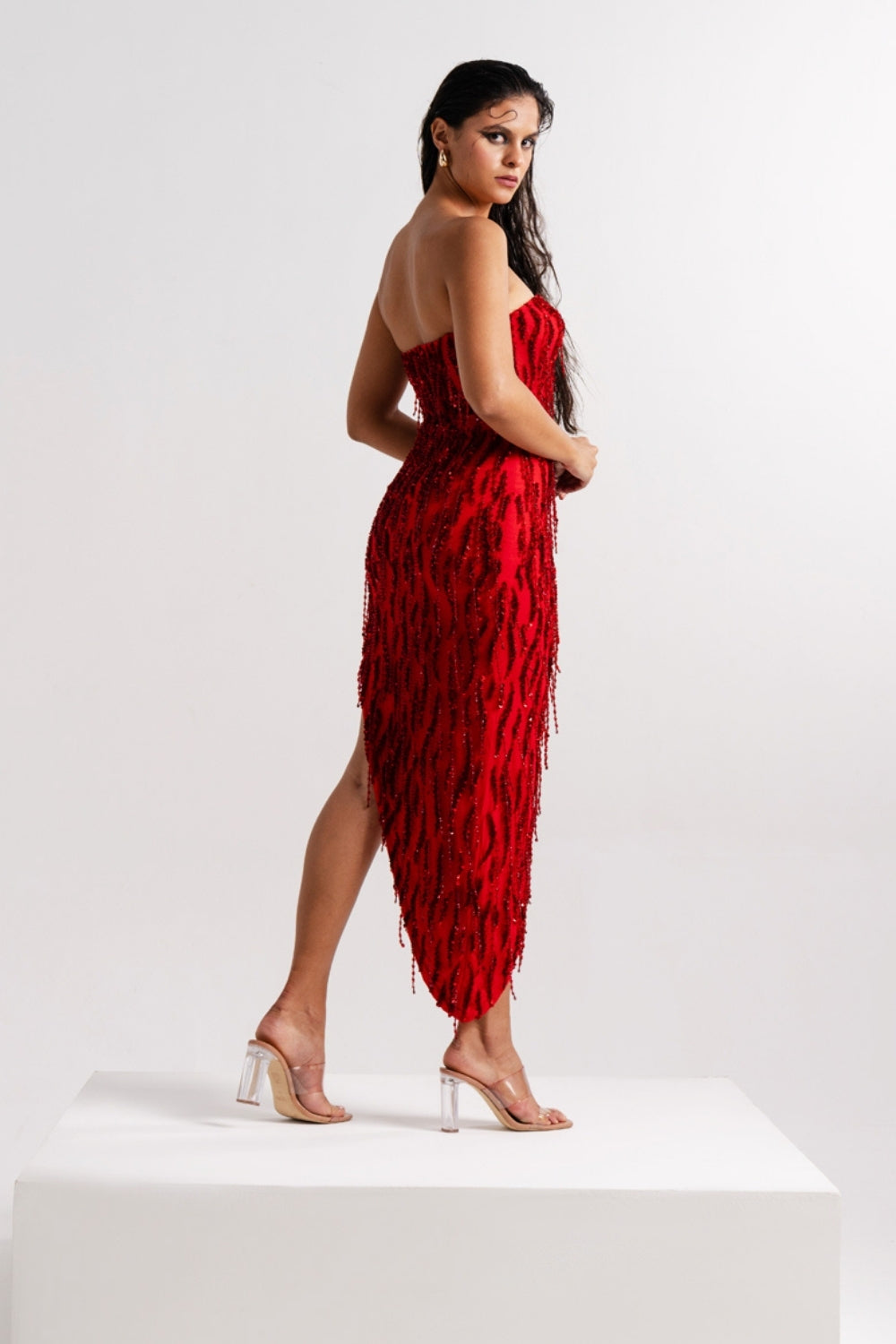Scarlet Red Asymmetrical Embellished Mini Dress