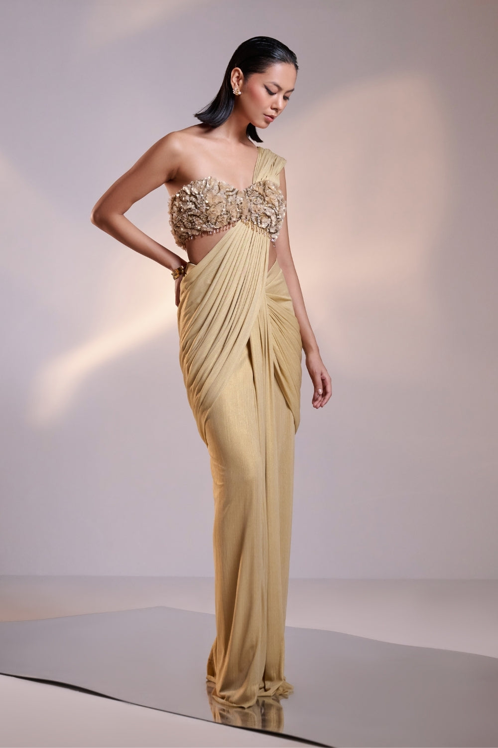 Gold Draped Saree set with Floral Embellished Blouse