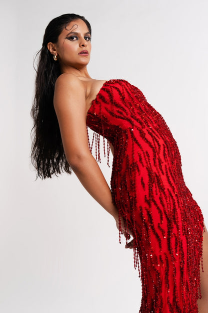 Scarlet Red Asymmetrical Embellished Mini Dress
