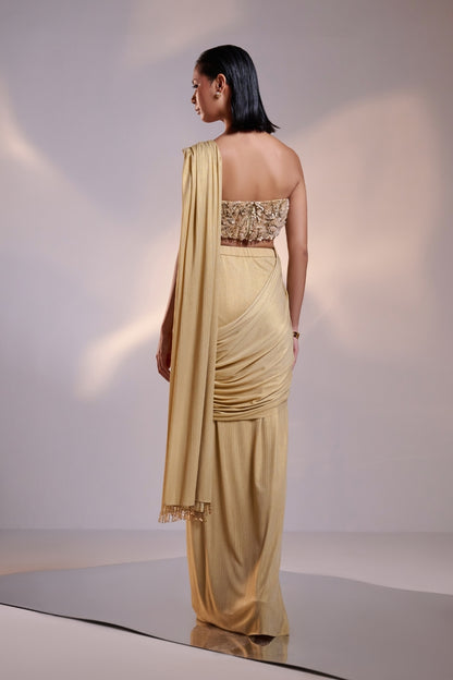Gold Draped Saree set with Floral Embellished Blouse