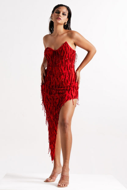 Scarlet Red Asymmetrical Embellished Mini Dress