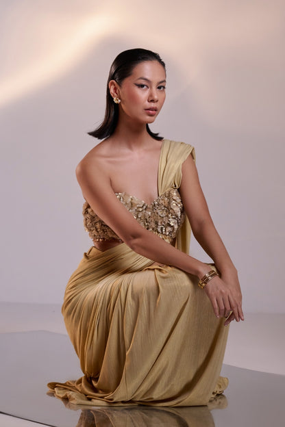 Gold Draped Saree set with Floral Embellished Blouse