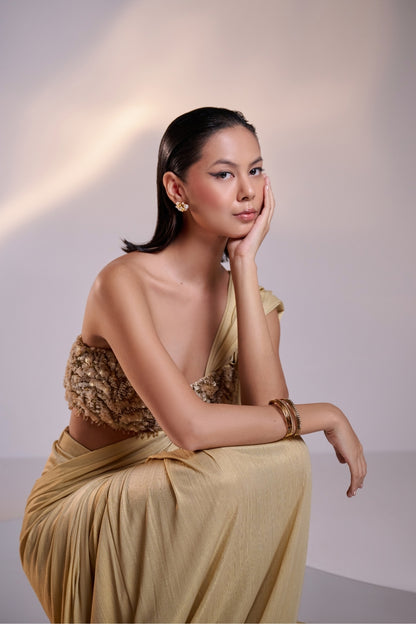 Gold Draped Saree set with Floral Embellished Blouse