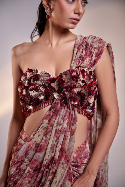 Floral Pre-Draped Saree Set