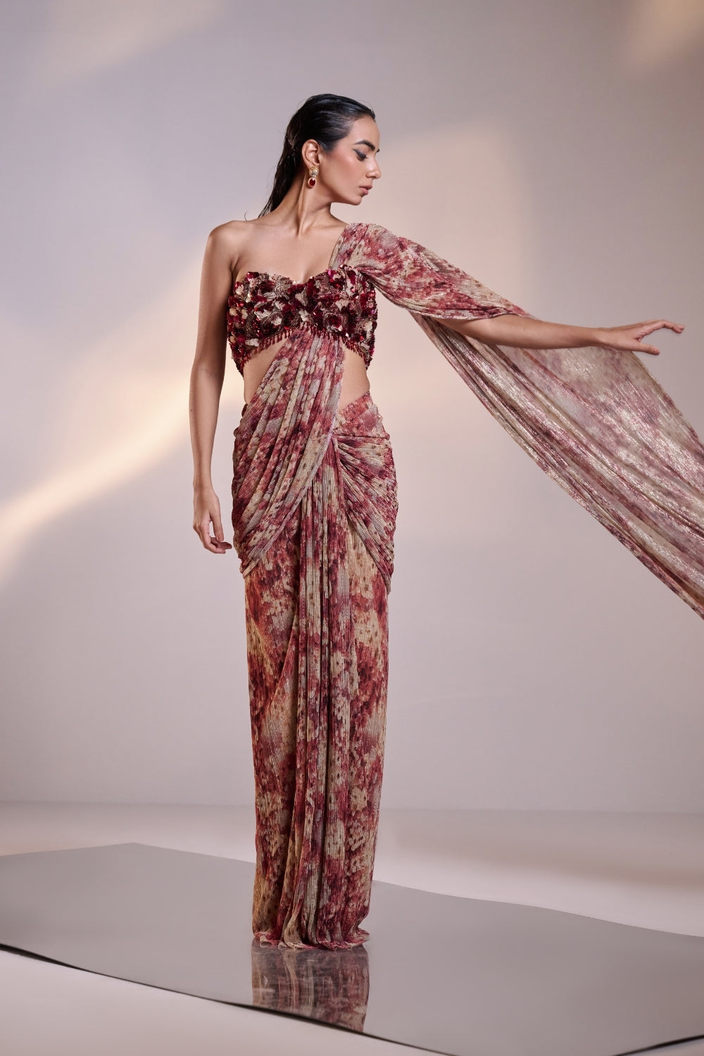 Floral Pre-Draped Saree Set