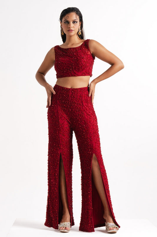 Red Embellished Crop Top and Flared Pants Set with Front Slits