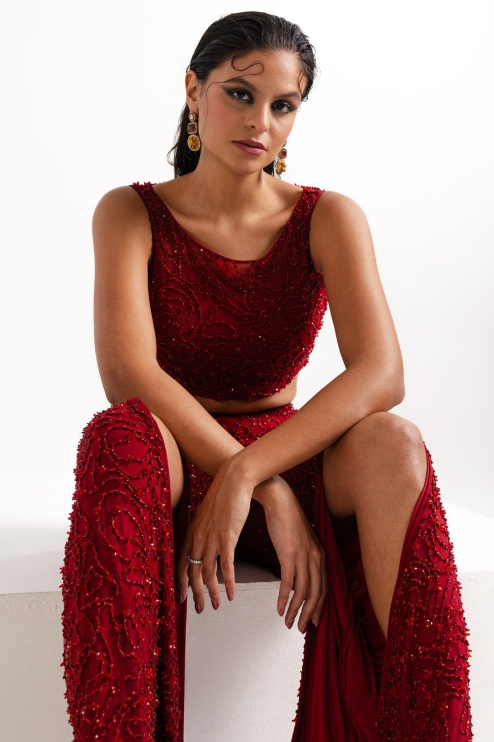 Red Embellished Crop Top and Flared Pants Set with Front Slits