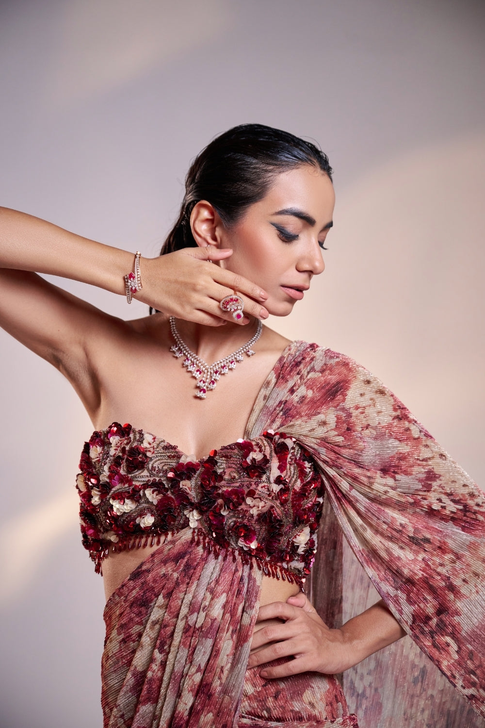 Floral Pre-Draped Saree Set