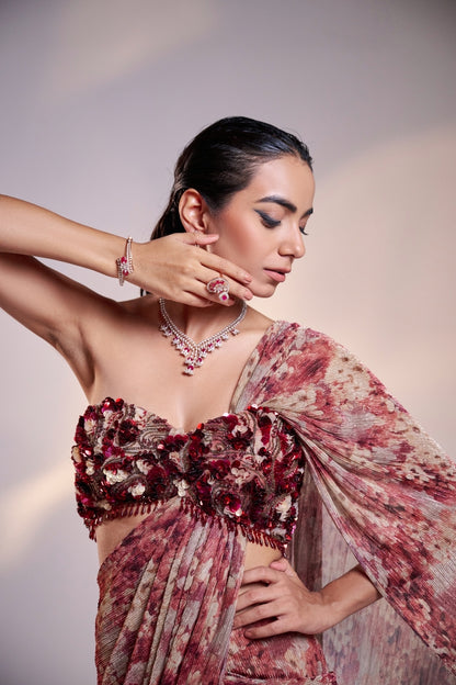 Floral Pre-Draped Saree Set